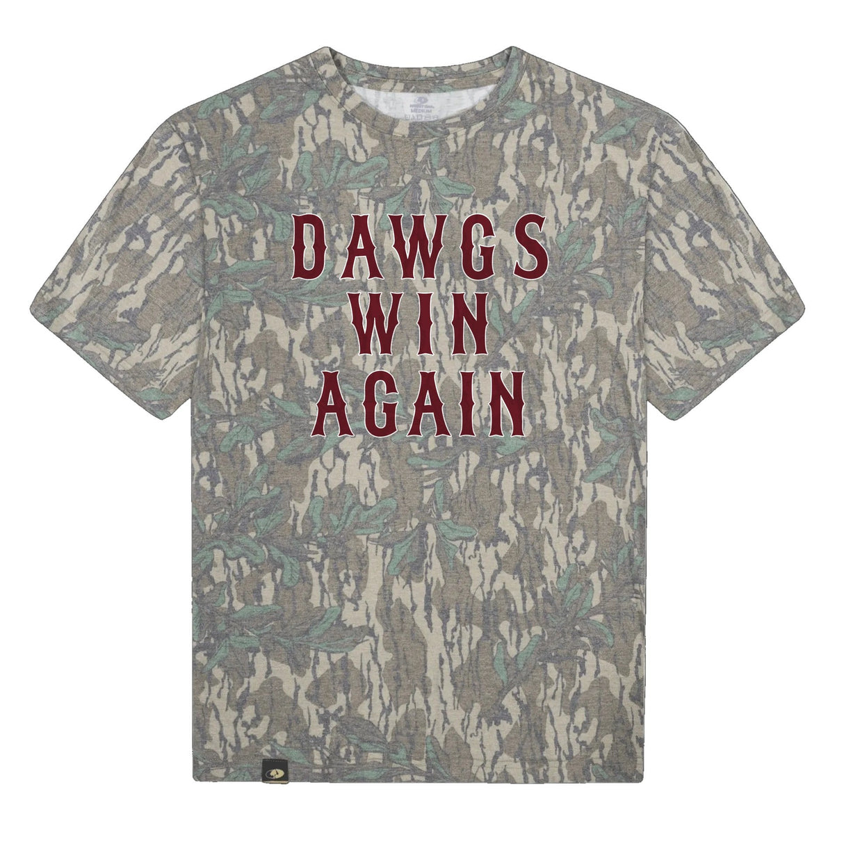 Dawgs Win Again Mossy Oak Tee, maroon print on Mossy Oak Greenleaf