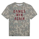 Dawgs Win Again Mossy Oak Tee, maroon print on Mossy Oak Greenleaf