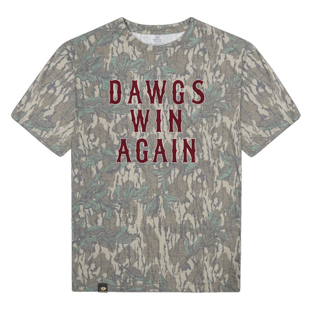 Dawgs Win Again Mossy Oak Tee, maroon print on Mossy Oak Greenleaf