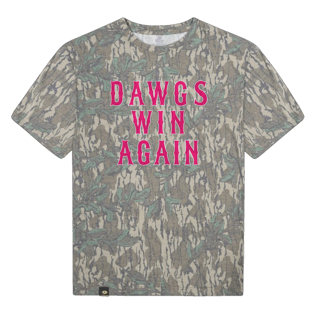 Dawgs Win Again Mossy Oak Tee, pink print on Mossy Oak Greenleaf