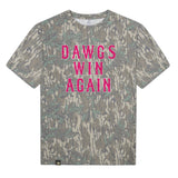 Dawgs Win Again Mossy Oak Tee, pink print on Mossy Oak Greenleaf