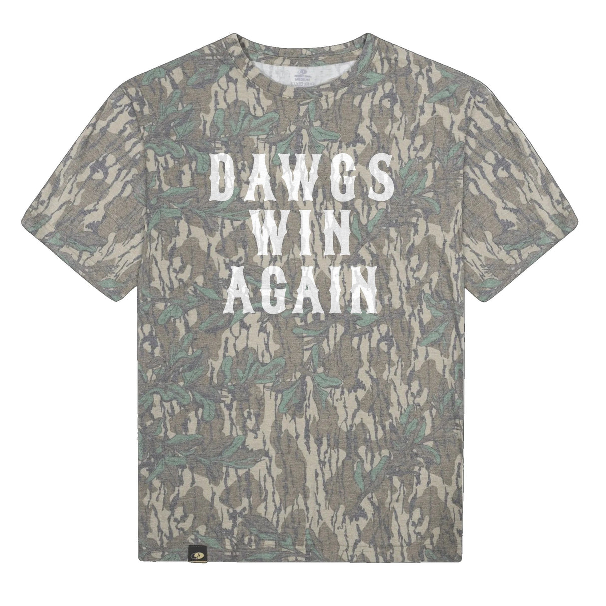 Dawgs Win Again Mossy Oak Tee, white print on Mossy Oak Greenleaf