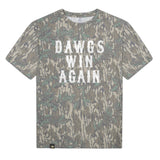 Dawgs Win Again Mossy Oak Tee, white print on Mossy Oak Greenleaf