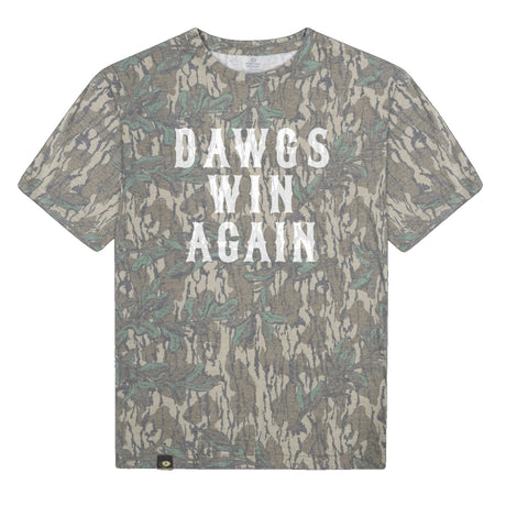 Dawgs Win Again Mossy Oak Tee, white print on Mossy Oak Greenleaf