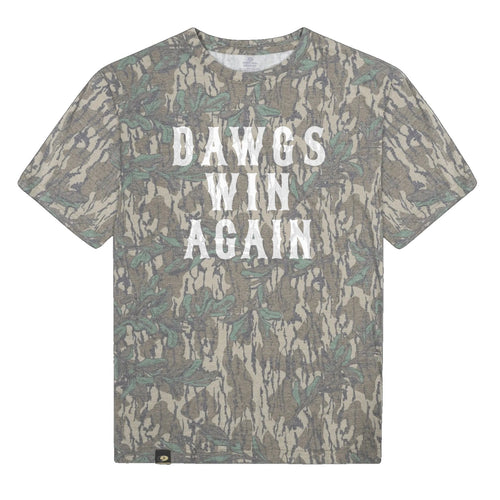 Dawgs Win Again Mossy Oak Tee, white print on Mossy Oak Greenleaf