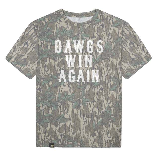 Dawgs Win Again Mossy Oak Tee, white print on Mossy Oak Greenleaf
