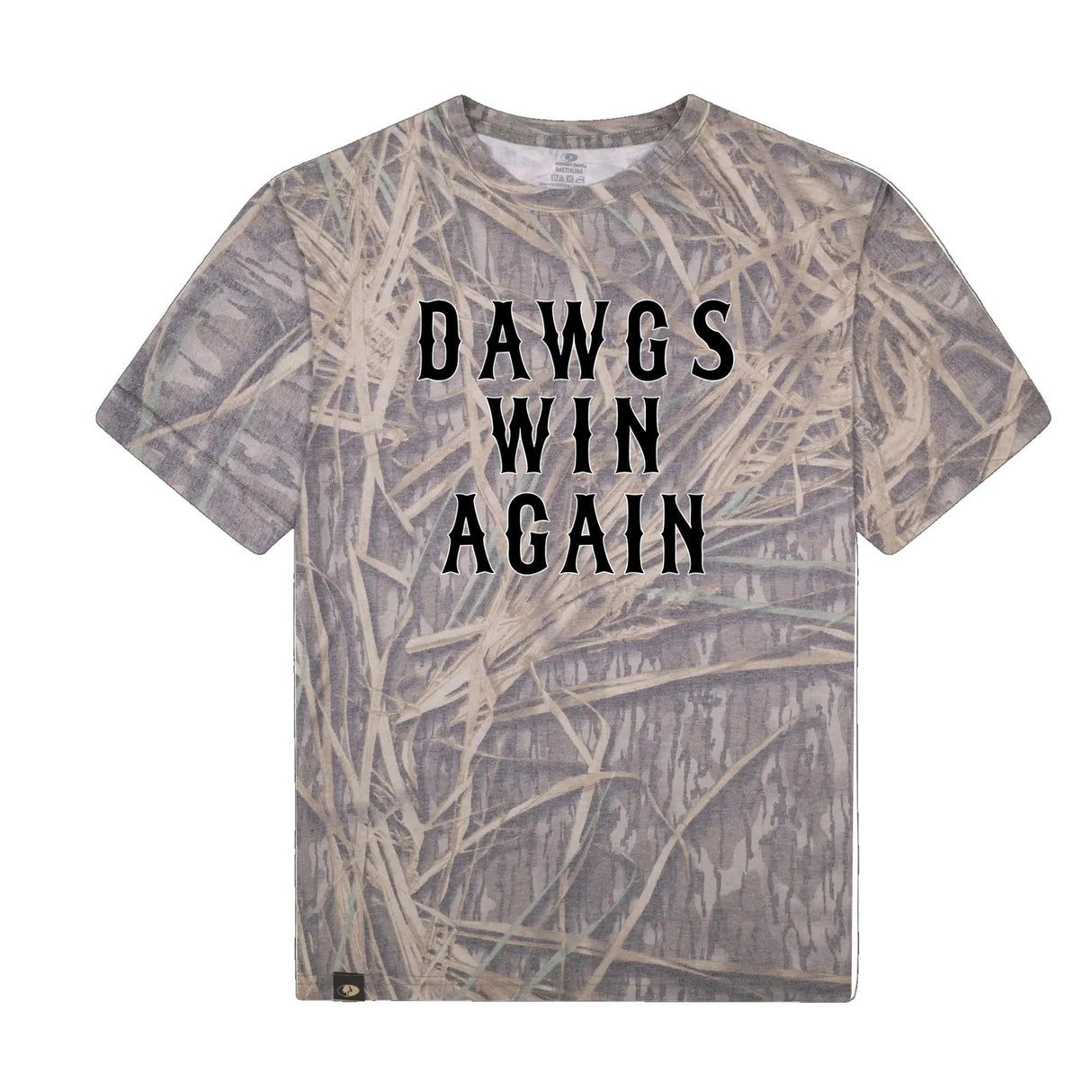 Dawgs Win Again Mossy Oak Tee, black print on Mossy Oak Shadow Grass