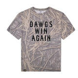 Dawgs Win Again Mossy Oak Tee, black print on Mossy Oak Shadow Grass