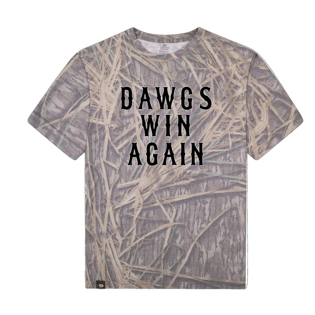 Dawgs Win Again Mossy Oak Tee, black print on Mossy Oak Shadow Grass