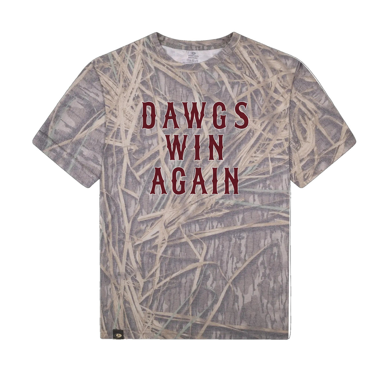 Dawgs Win Again Mossy Oak Tee, maroon print on Mossy Oak Shadow Grass