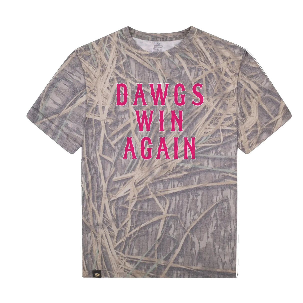 Dawgs Win Again Mossy Oak Tee, pink print on Mossy Oak Shadow Grass