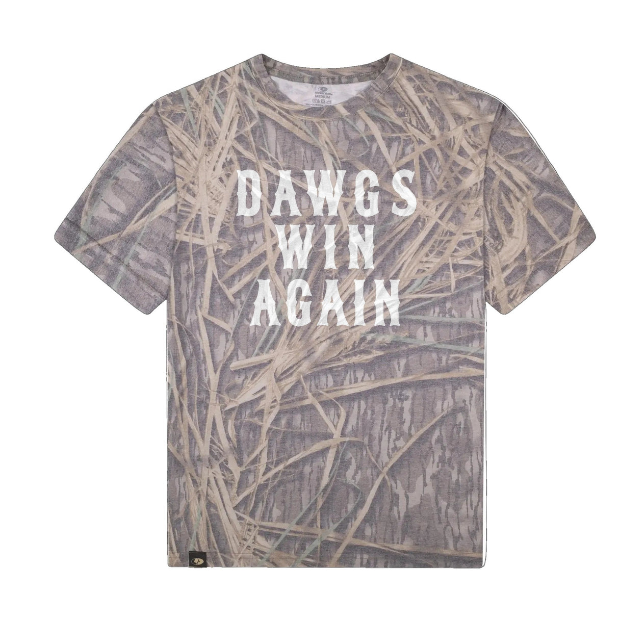 Dawgs Win Again Mossy Oak Tee, white print on Mossy Oak Shadow Grass