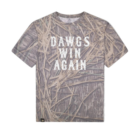 Dawgs Win Again Mossy Oak Tee, white print on Mossy Oak Shadow Grass