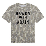 Dawgs Win Again Mossy Oak Youth Tee, black print on Mossy Oak Bottomland