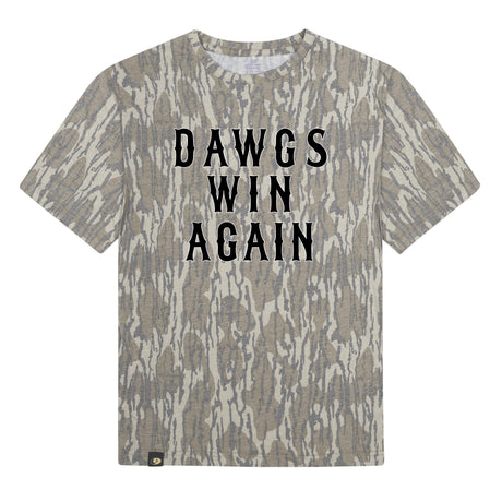 Dawgs Win Again Mossy Oak Youth Tee, black print on Mossy Oak Bottomland