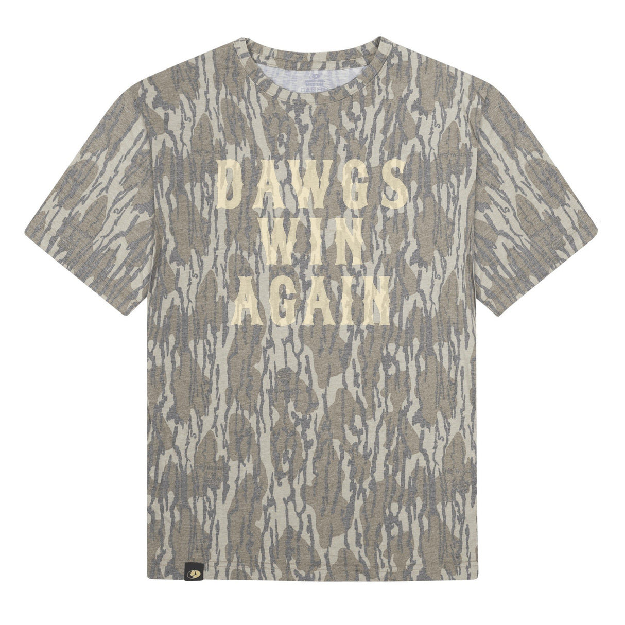 Dawgs Win Again Mossy Oak Youth Tee, cream print on Mossy Oak Bottomland