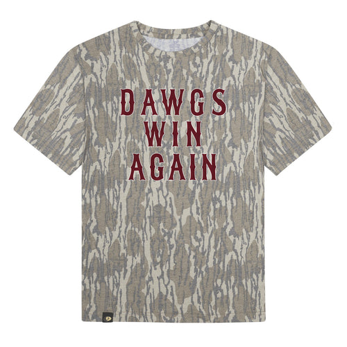 Dawgs Win Again Mossy Oak Youth Tee, maroon print on Mossy Oak Bottomland