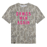 Dawgs Win Again Mossy Oak Youth Tee, pink print on Mossy Oak Bottomland