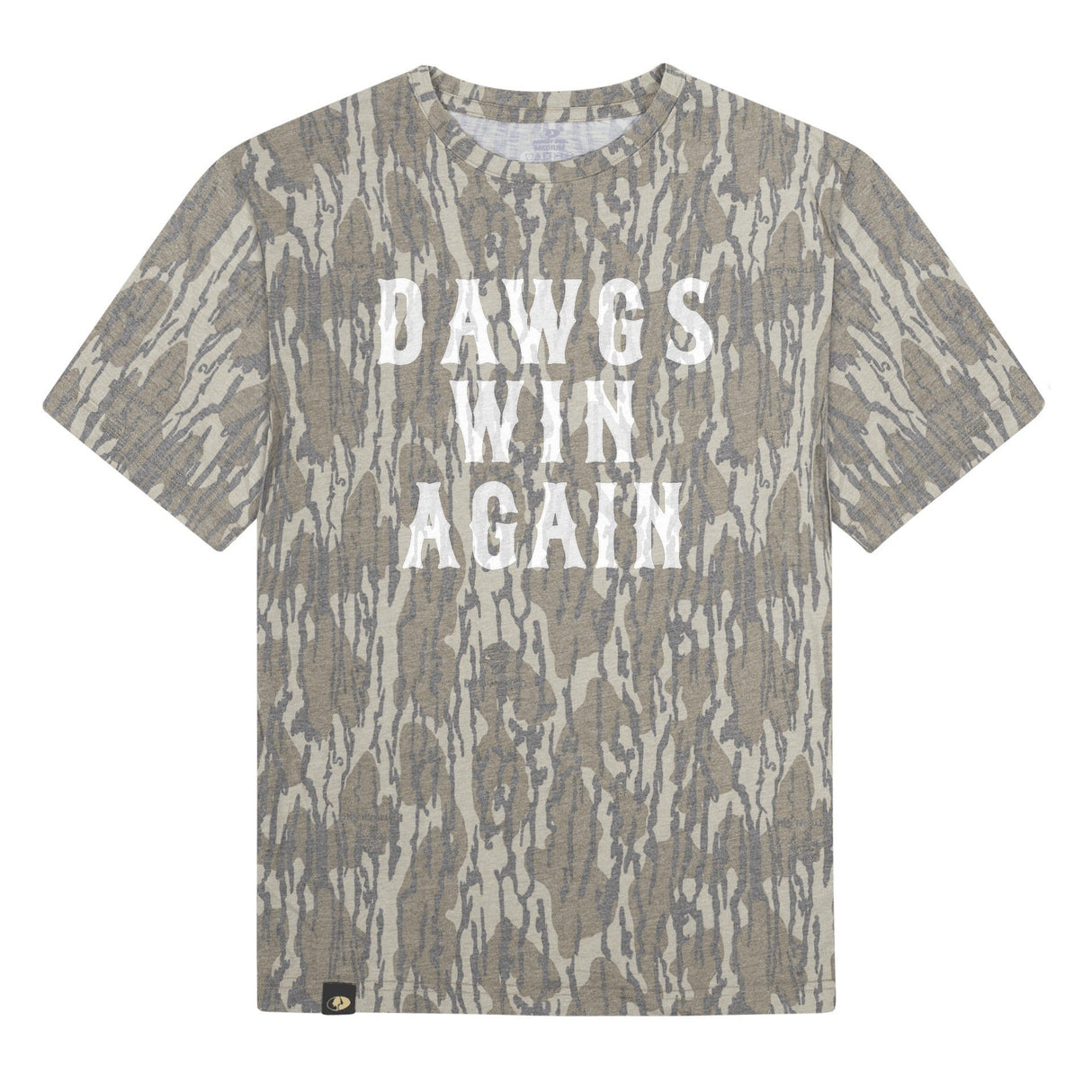 Dawgs Win Again Mossy Oak Youth Tee, white print on Mossy Oak Bottomland