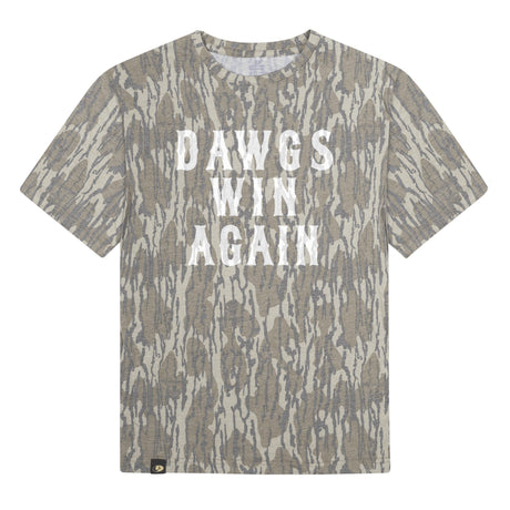 Dawgs Win Again Mossy Oak Youth Tee, white print on Mossy Oak Bottomland