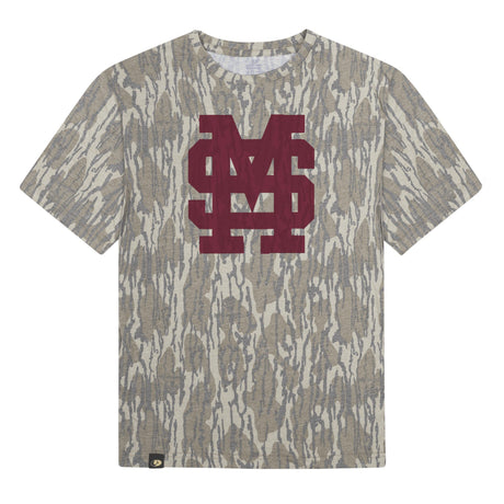 Mississippi State MS Logo Mossy Oak Tee, maroon print on Mossy Oak Bottomland