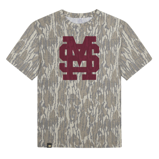Mississippi State MS Logo Mossy Oak Tee, maroon print on Mossy Oak Bottomland