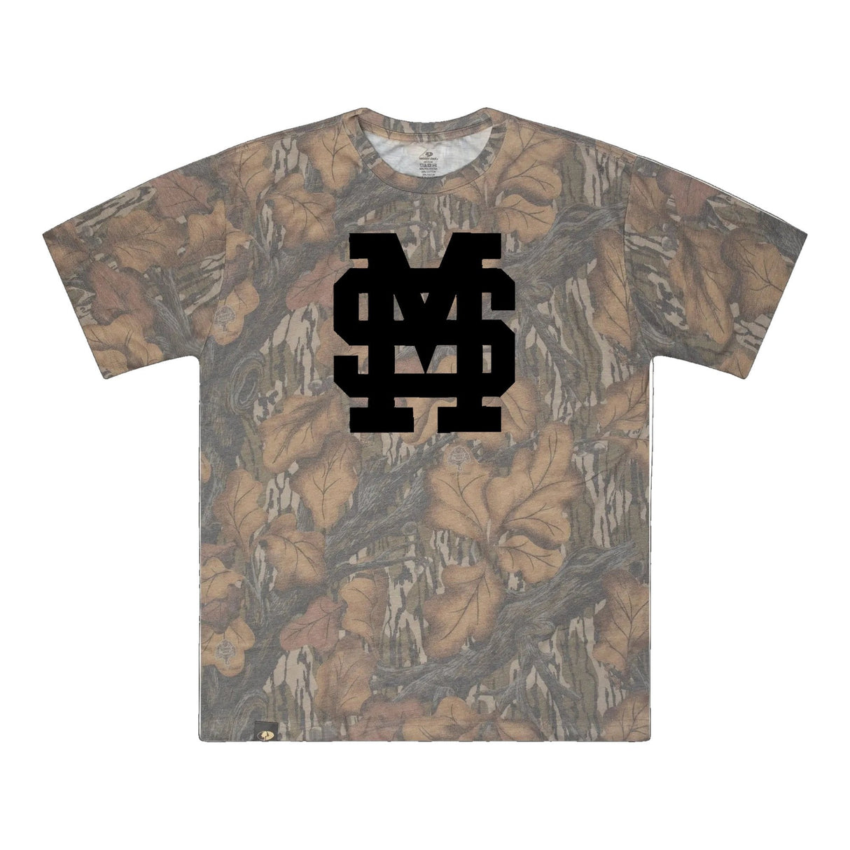 Mississippi State MS Logo Mossy Oak Tee, black print on Mossy Oak Fall Foliage