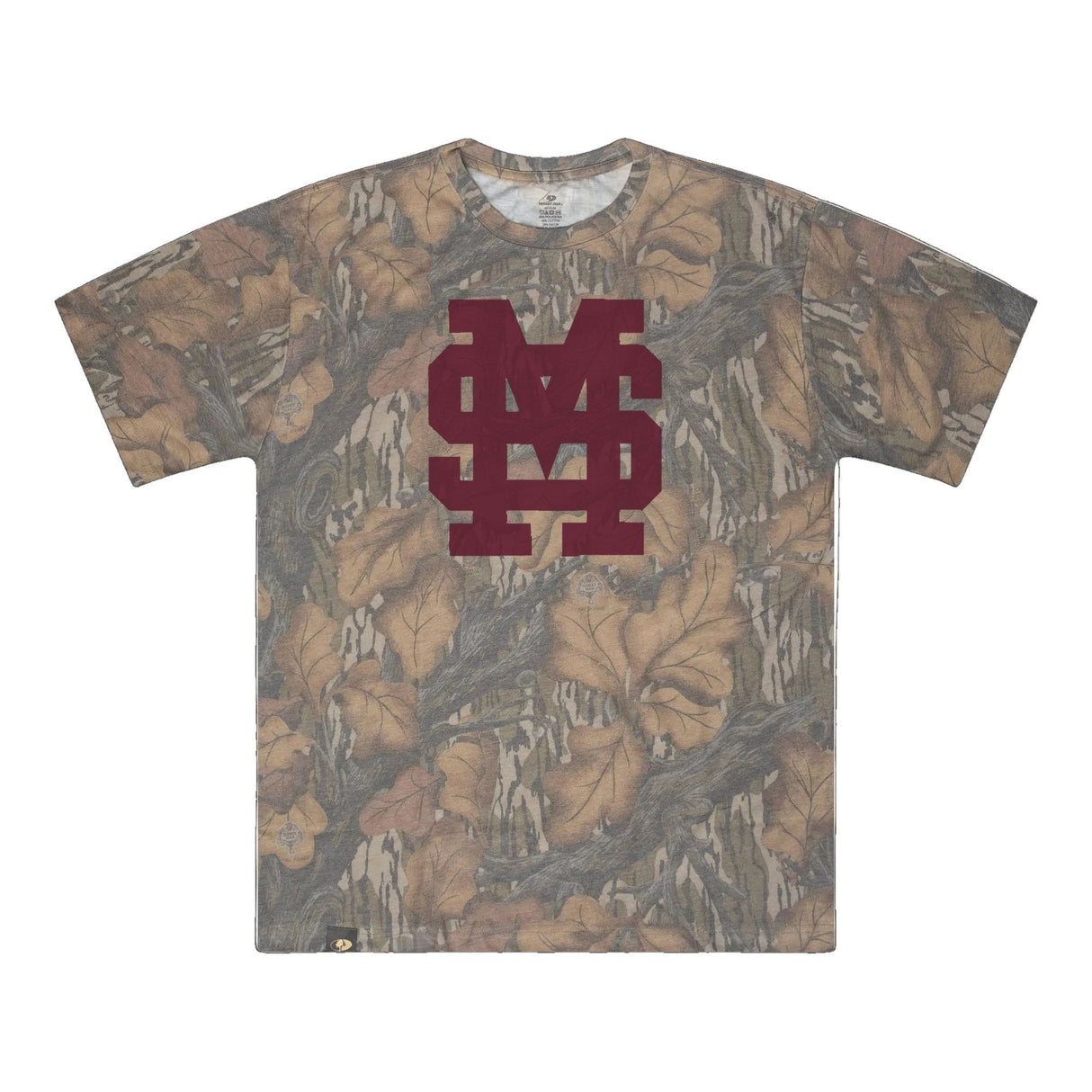 Mississippi State MS Logo Mossy Oak Tee, maroon print on Mossy Oak Fall Foliage