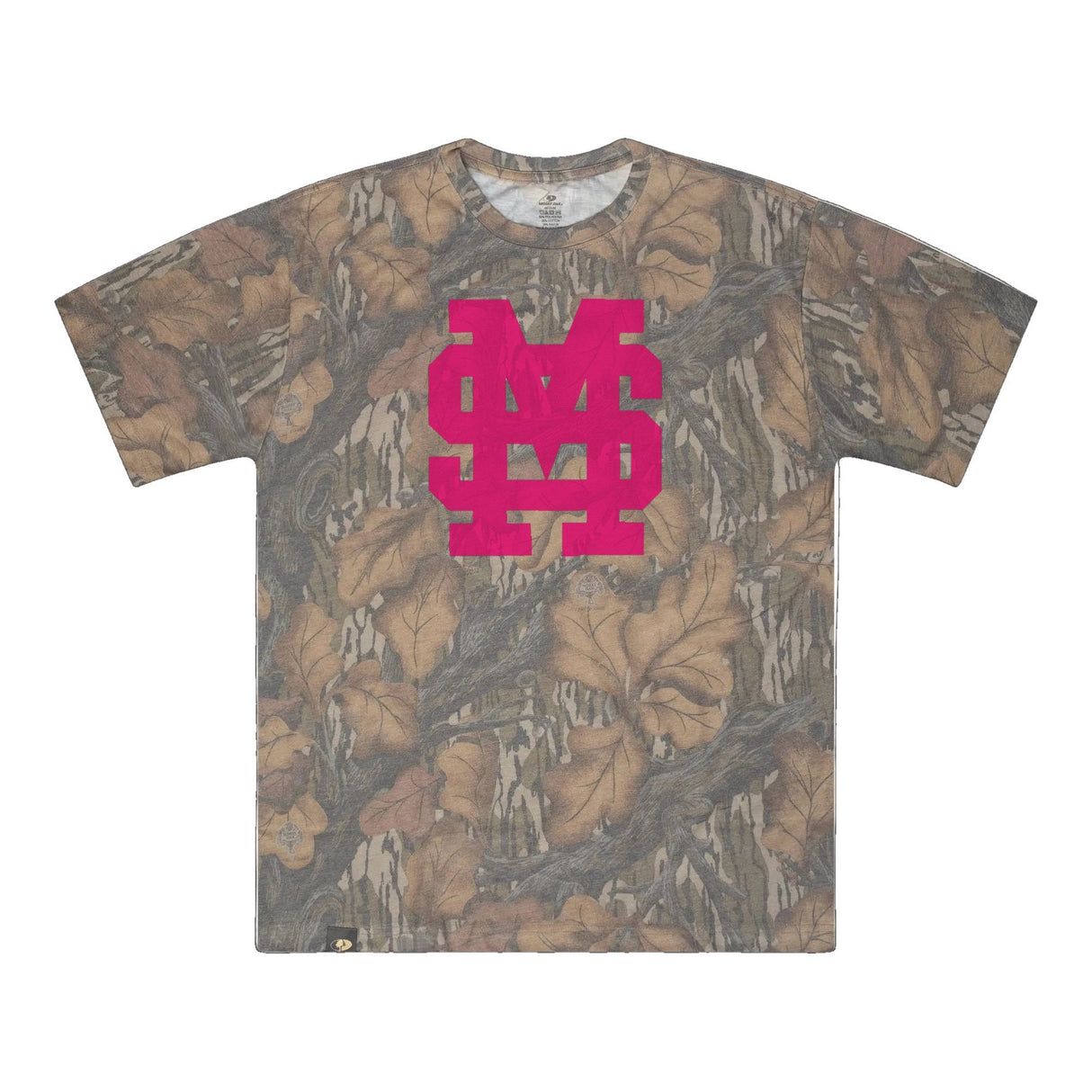 Mississippi State MS Logo Mossy Oak Tee, pink print on Mossy Oak Fall Foliage