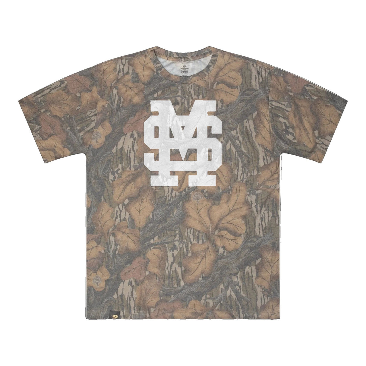 Mississippi State MS Logo Mossy Oak Tee, white print on Mossy Oak Fall Foliage
