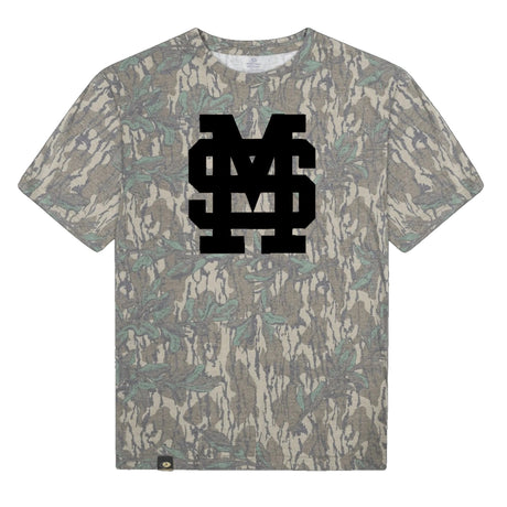 Mississippi State MS Logo Mossy Oak Tee, black print on Mossy Oak Greenleaf