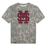 Mississippi State MS Logo Mossy Oak Tee, maroon print on Mossy Oak Greenleaf
