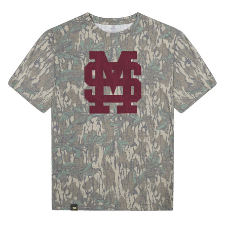 Mississippi State MS Logo Mossy Oak Tee, maroon print on Mossy Oak Greenleaf