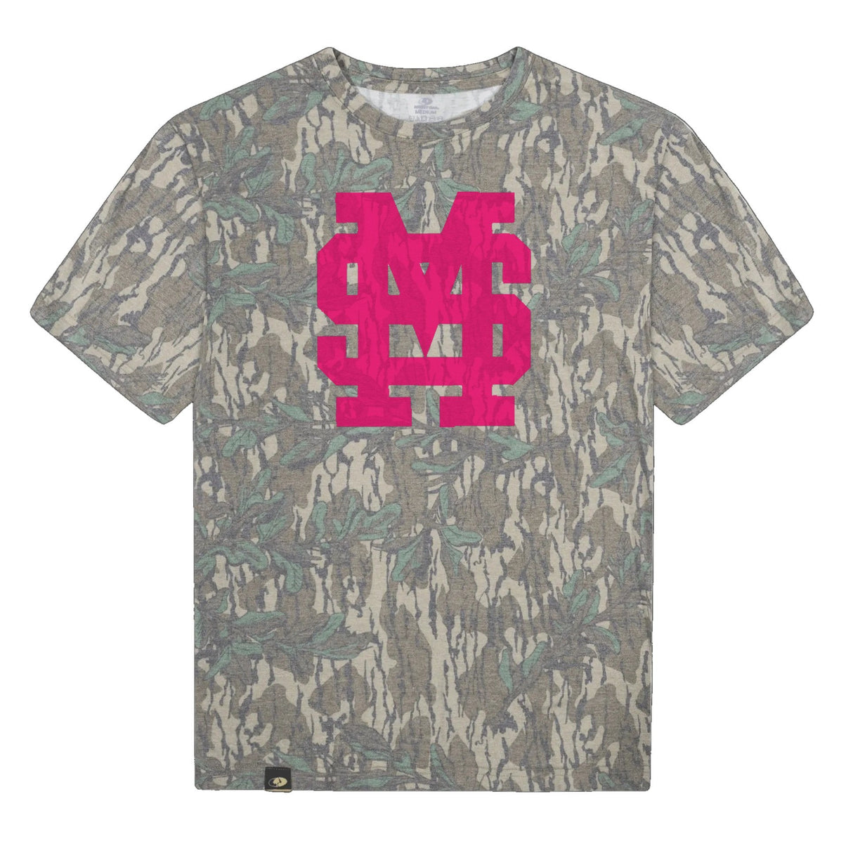 Mississippi State MS Logo Mossy Oak Tee, pink print on Mossy Oak Greenleaf