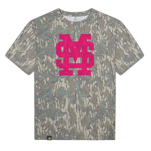 Mississippi State MS Logo Mossy Oak Tee, pink print on Mossy Oak Greenleaf