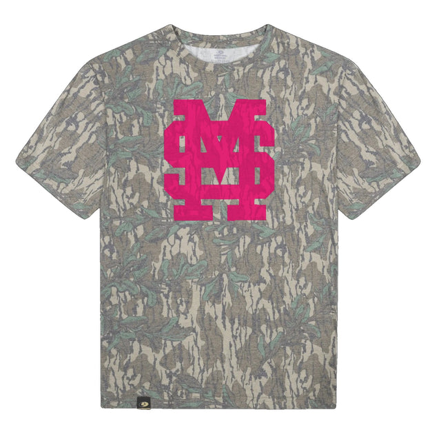 Mississippi State MS Logo Mossy Oak Tee, pink print on Mossy Oak Greenleaf