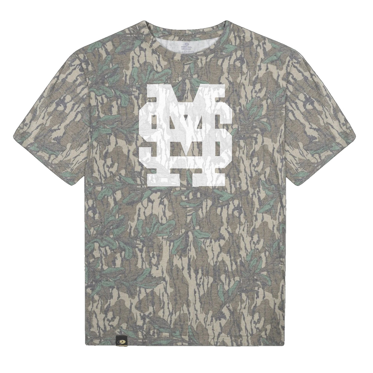 Mississippi State MS Logo Mossy Oak Tee, white print on Mossy Oak Greenleaf