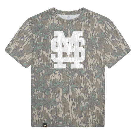 Mississippi State MS Logo Mossy Oak Tee, white print on Mossy Oak Greenleaf