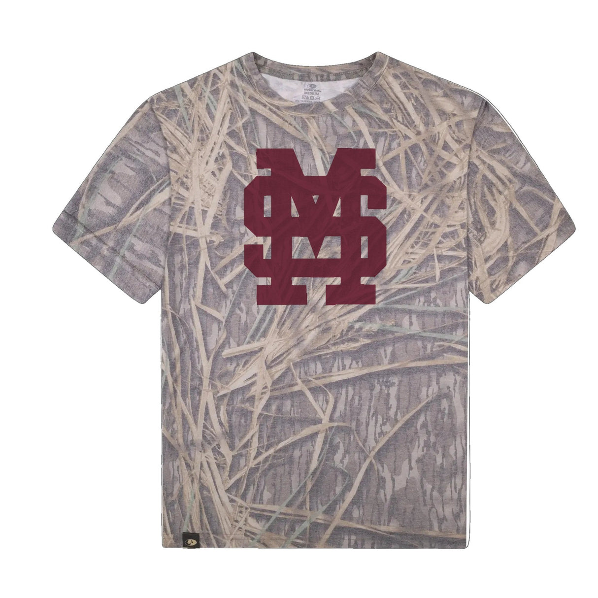 Mississippi State MS Logo Mossy Oak Tee, maroon print on Mossy Oak Shadow Grass