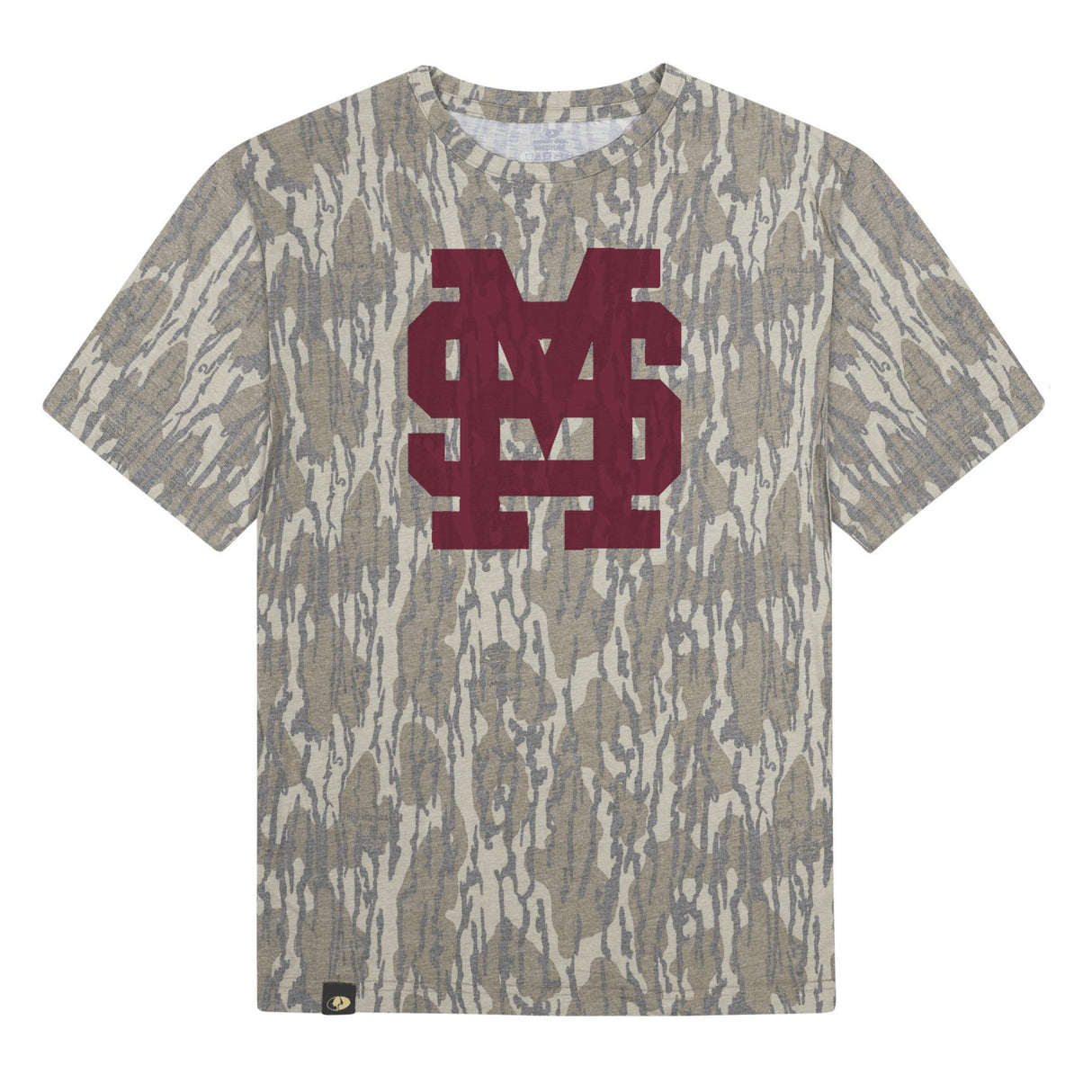 Mississippi State MS Logo Mossy Oak Youth Tee, maroon print on Mossy Oak Bottomland