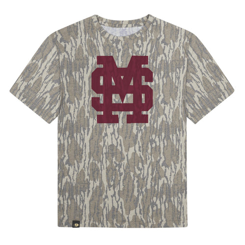 Mississippi State MS Logo Mossy Oak Youth Tee, maroon print on Mossy Oak Bottomland