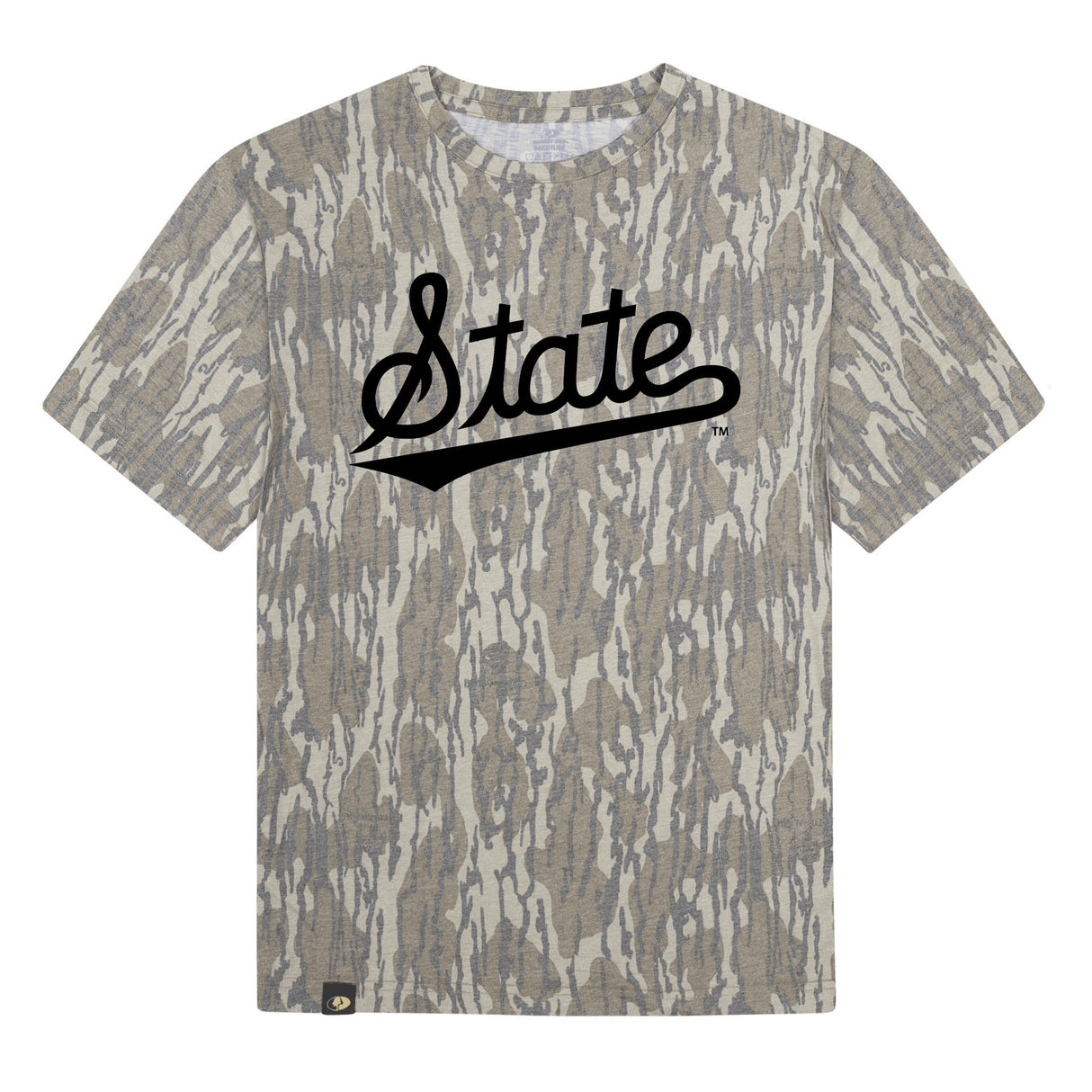 Mississippi State Script Mossy Oak Tee, black print on Mossy Oak Bottomland