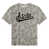 Mississippi State Script Mossy Oak Tee, black print on Mossy Oak Bottomland