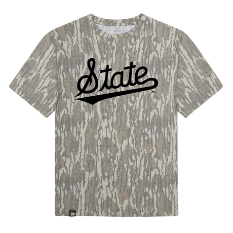 Mississippi State Script Mossy Oak Tee, black print on Mossy Oak Bottomland