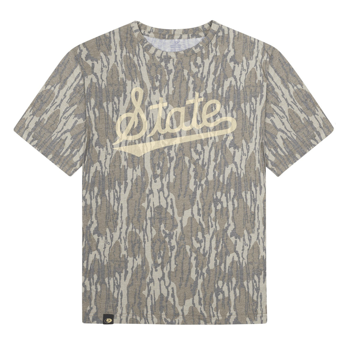 Mississippi State Script Mossy Oak Tee, cream print on Mossy Oak Bottomland