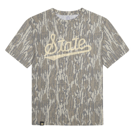 Mississippi State Script Mossy Oak Tee, cream print on Mossy Oak Bottomland