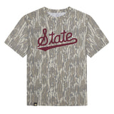 Mississippi State Script Mossy Oak Tee, maroon print on Mossy Oak Bottomland