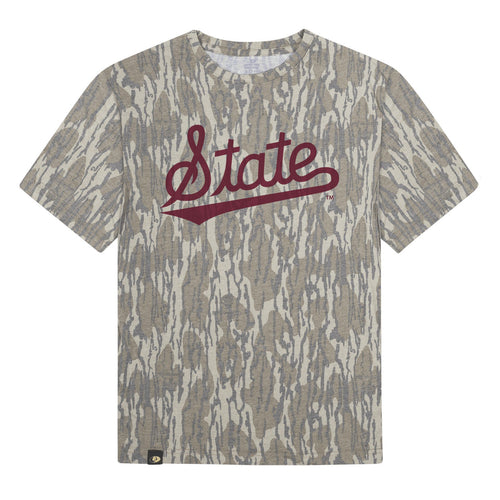 Mississippi State Script Mossy Oak Tee, maroon print on Mossy Oak Bottomland