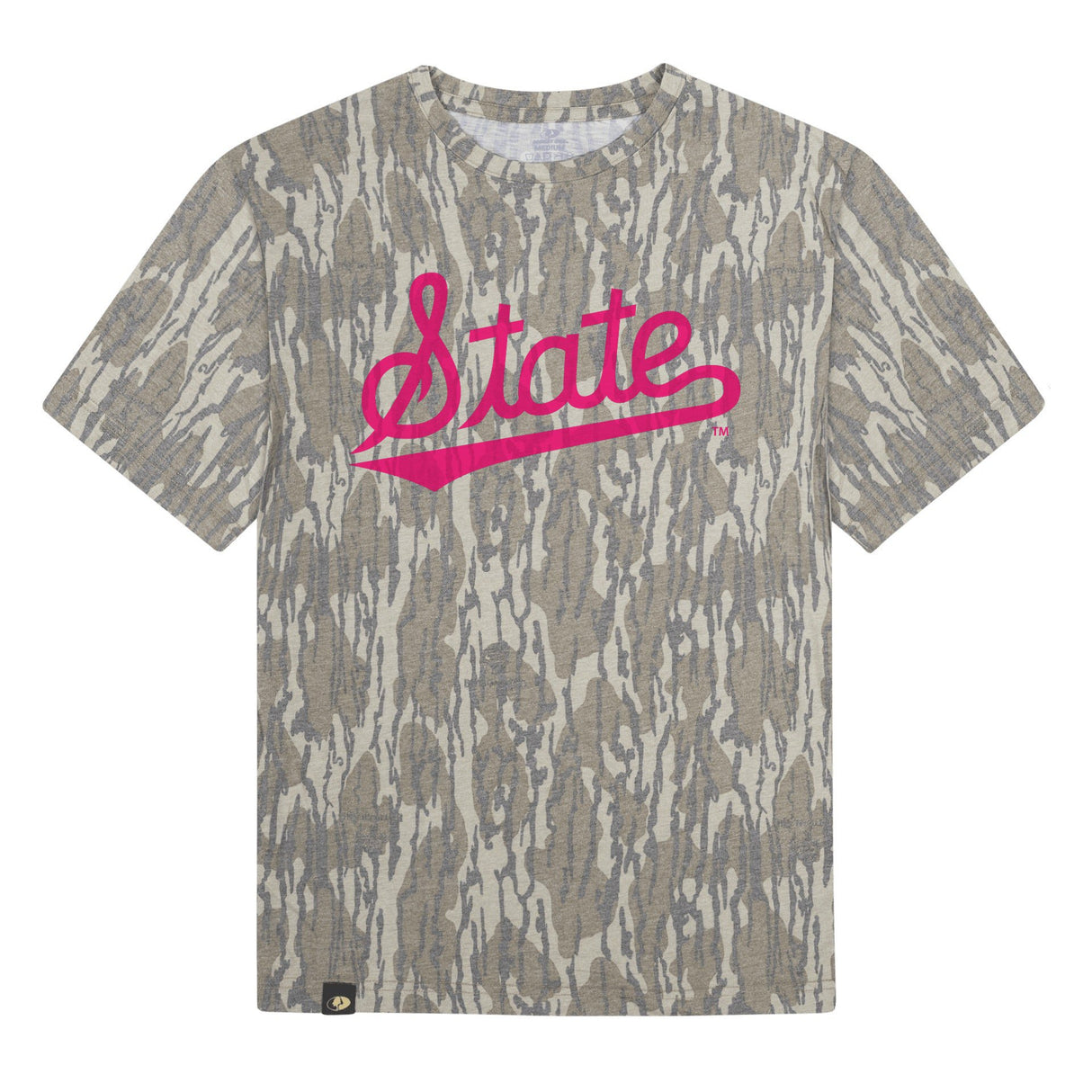 Mississippi State Script Mossy Oak Tee, pink print on Mossy Oak Bottomland
