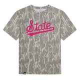 Mississippi State Script Mossy Oak Tee, pink print on Mossy Oak Bottomland